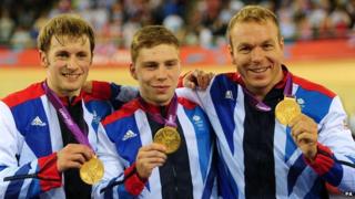 Chris Hoy with his record 5th Gold, along with the rest of the sprint
