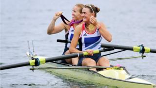 Rowers Helen Glover and Heather Stanning with their gold medals