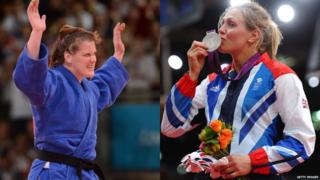 Karina Bryant celebrating after winning her bronze medal match and Gemma Gibbons kissing her silver medal