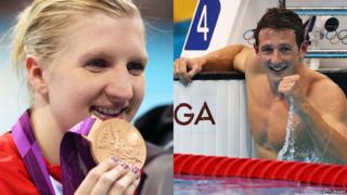Rebecca Adlington with one of her bronze medals and Michael Jamieson celebrating in the pool after winning his silver medal.