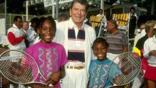 Venus and Serena Williams with President Reagan in 1990