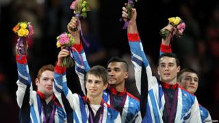 Bronze medallists Daniel Purvis, Max Whitlock, Louis Smith, Kristian Thomas and Sam Oldham