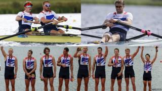 Rowers: Men's pair, George Nash and Will Satch (top left), men's single sculls rower Alan Campbell (top right) and men's eight team (below)