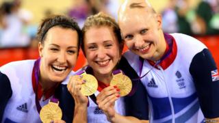 Cyclists Dani King, Laura Trott, and Joanna Rowsell
