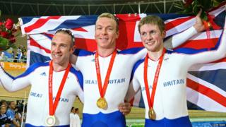 Chris Hoy, Jamie Staff and Jason Kenny in Beijing.