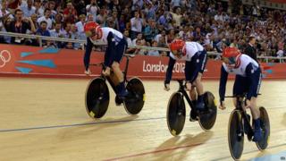 Chris Hoy, Philip Hindes and Jason Kenny in the team sprint.