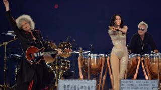 Jessie J and Brian May performing at the London 2012 Olympics closing ceremony
