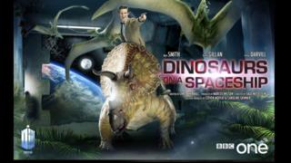 The Doctor rides a dinosaur on a space ship. The Earth can be seen through a window at the back of the space craft.