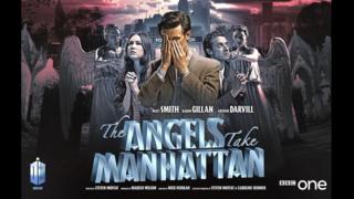 The Doctor covers his face as he is approached by weeping angels. His companions Rory and Amy appear frozen in stone.