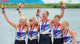 Pam Relph, Naomi Riches, David Smith, James Roe and Lily van den Broecke (cox)