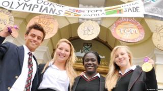 Tom Daley, Jade Howard, Jamila Lunkuse and Ruta Meilutyte outside Plymouth College