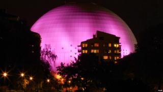 Ericsson Globe Arena in Sweden lit up pink