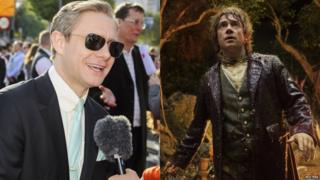 Martin Freeman on the red carpet (left) and Martin Freeman as Bilbo Baggins in a scene from the film (right)