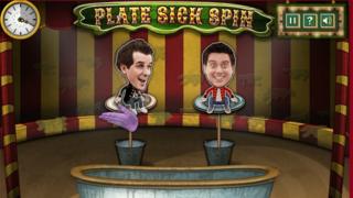 A screenshot of Dick and Dom's Hoopla. The characters are sat on turntables in a circus environment.