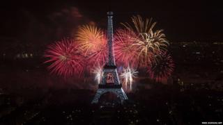 Fireworks burst around the Eiffel Tower