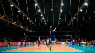 Jean Patry of France jumps to serve during the boys Volleyball match between France and Belgium on Day 1 of the European Youth Olympic Festival held at Jaarbeurs Utrecht, Netherlands.
