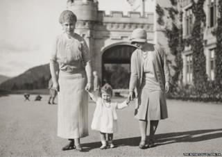 Previously unpublished family photograph issued by the Royal Collection of Queen Elizabeth II with Queen Mary and the Duchess of York at Balmoral in 1927.