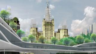 A vision of Moscow in the future. A building is adorned with many wind turbines.