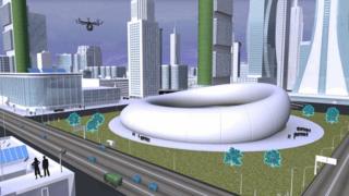 A futuristic city with glowing trees and tall skyscrapers.