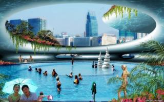 An open plan swimming pool with a city skyline view