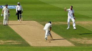 England's James Anderson celebrates bowling out Australia's Michael Clarke during day one of the Fifth Investec Ashes Test match at The Kia Oval, London