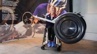 London 2012 Paralympic silver medalist Shelly Woods with a revolutionary new racing wheel which can improve the acceleration of GB wheelchair racers by up to 20 percent.