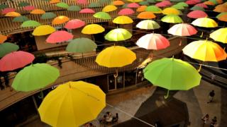 Umbrellas on display at shopping mall in Seoul, South Korea
