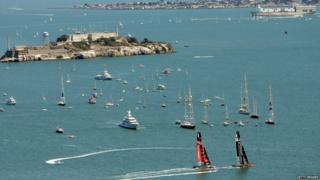 Catamarans sailing off the coast of San Francisco