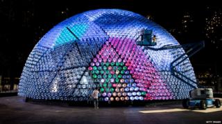 Giant lantern made of 7,000 recycled plastic bottles and other recyclable materials