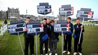 Match scoreboard holders during the third round of the Alfred Dunhill Links Championship on The Old Course, at St Andrews
