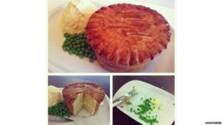 Pie, mash and peas made out of cake