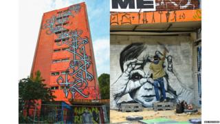 Outdoor of the tower block art project Tour 13 in Paris and an artist painting.