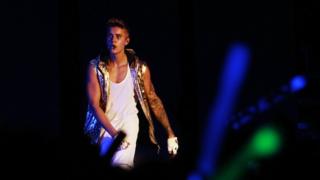 Justin Bieber on stage during a concert as part of his Believe tour at the Rommel Fernandez stadium in Panama City.