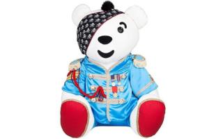 A bear wearing aqua blue military dress with a black and white skulls bandana.