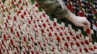 A soldier places a cross in a field of similar crosses, each have poppies on them