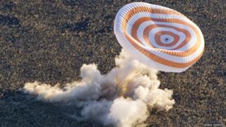 Soyuz rocket landing using a parachute