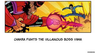 Chakra dodges a fireball coming out of the bad guy's hand