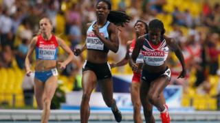 Christine Ohuruogu crossing finish line at World Athletics Championships in Moscow.