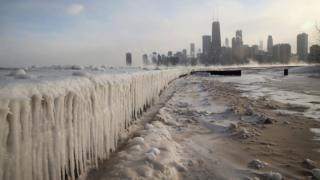 Frozen Lake Michigan and beach in Chicago