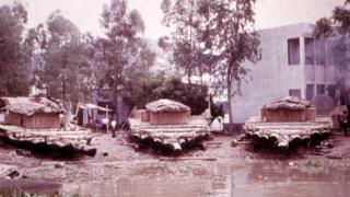 Three rafts on land