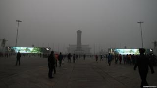 Tiananmen Square in Beijing is shrouded with heavy smog