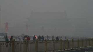 Tiananmen Square in Beijing is shrouded with heavy smog