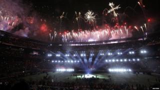 Halftime fireworks erupt during the half-time show of the NFL Super Bowl XLVIII football game