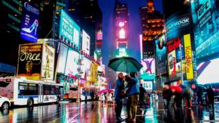 Rainy scene in Times Square.