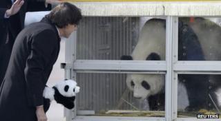 Belgium's Prime Minister Elio Di Rupo says hello to Hao Hao, one of the pandas that arrived from China