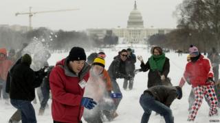A large snowball fight on The Mall in Washington, DC.