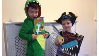 Hugo is Teggs from Astrosaurs and his little brother Myles is dressed up from Captain Flynn and the Pirate Dinosaurs.