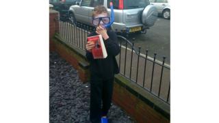 Luke who is 8 dressed up as Ben from David Walliam's Gangsta Granny.