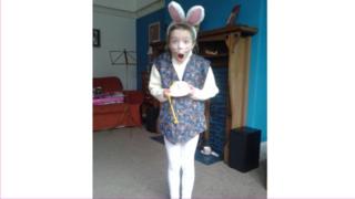 Theresa dressed as the white rabbit
