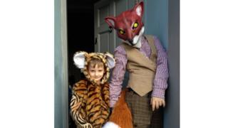 Inigo and Morph dressed as the tiger from Tiger Who Came To Tea and Fantastic Mr Fox.
